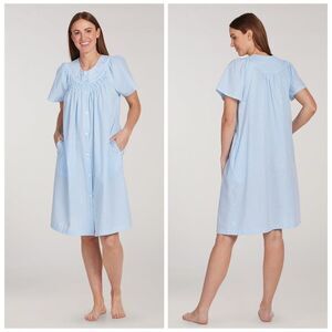 Miss Elaine Seersucker Short Midi Robe Blue & White Check Size 2X NEW $54